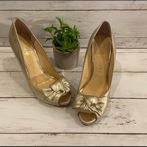 Ivanka Trump Gold Fabric Peep Toe Heels